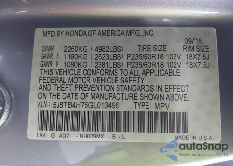 2016 Acura Rdx Advance Pkg z USA, uszkodzony, nr VIN 5J8TB4H75GL013496